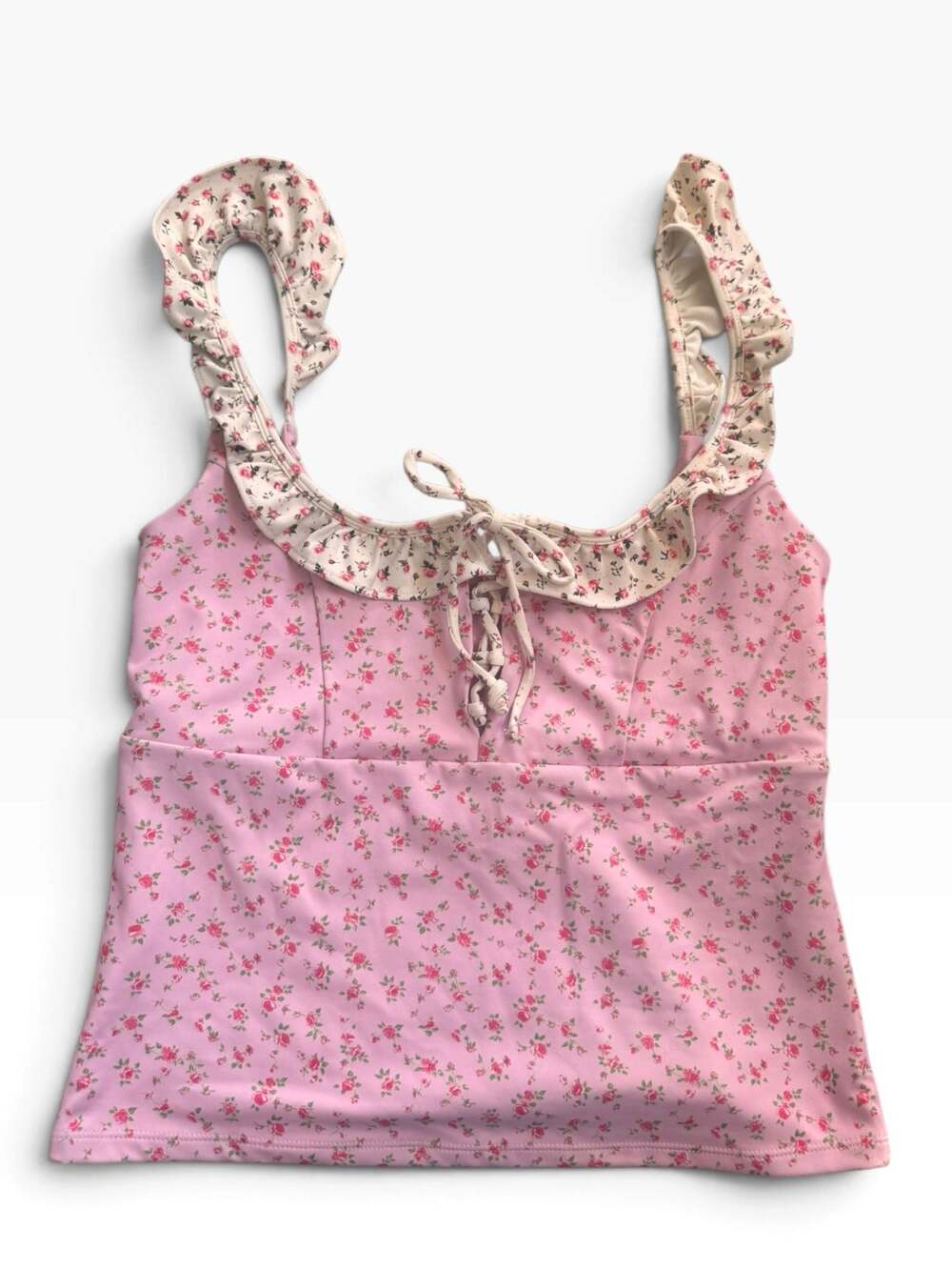 Blogilates Pink Floral Ruffle Lace-Up Tank Top – Size L